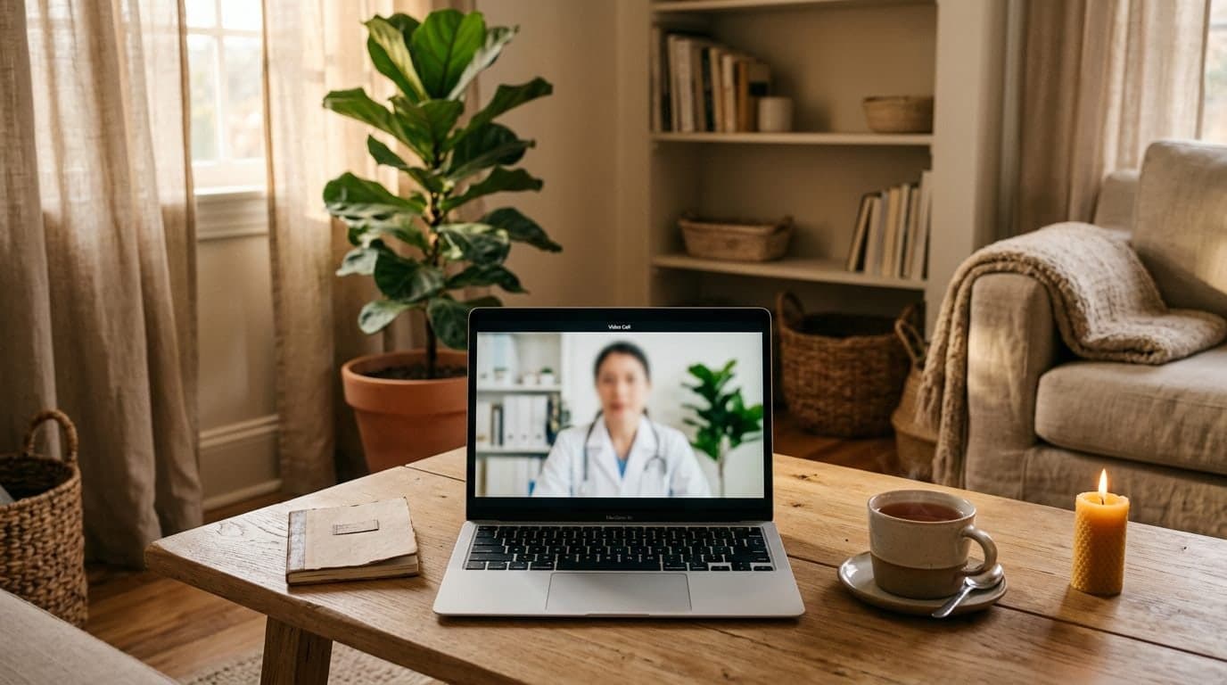 Videollamada con la doctora en un portátil sobre la mesa de una sala